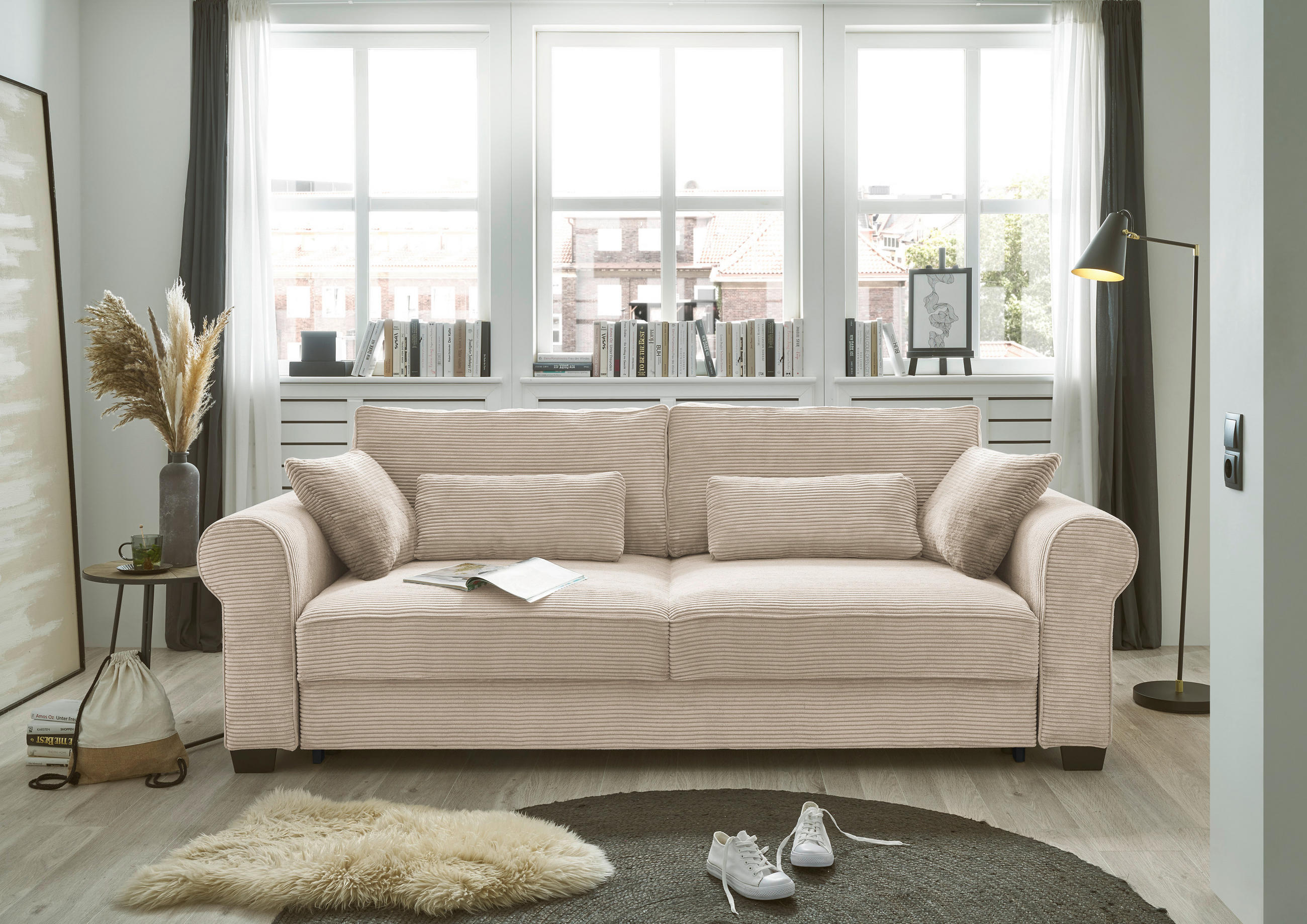 SCHLAFSOFA  mit Schlafen auf Sitzhöhe, Rücken echt Cord Creme  - Creme/Schwarz, Basics, Kunststoff/Textil (250/95/125cm) - MID.YOU