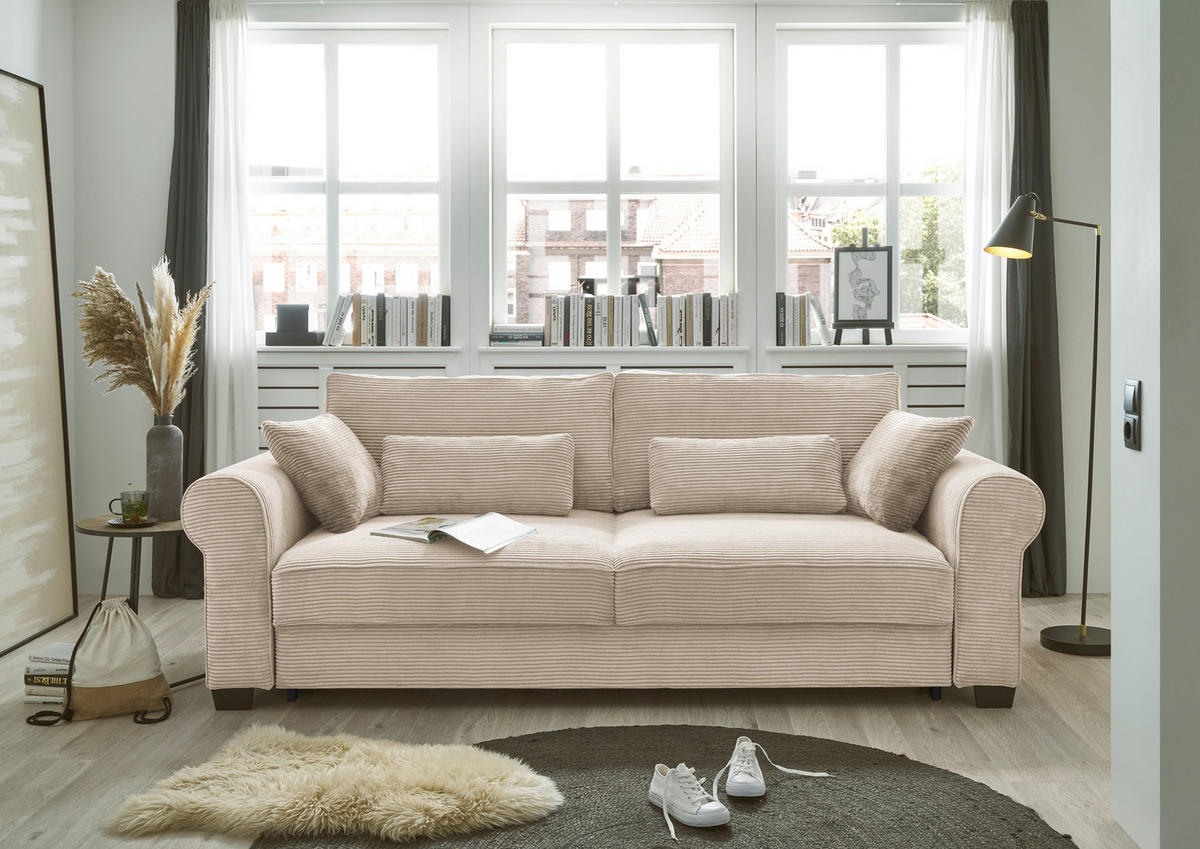 SCHLAFSOFA Cord Creme  - Creme/Schwarz, Basics, Kunststoff/Textil (250/95/125cm) - MID.YOU