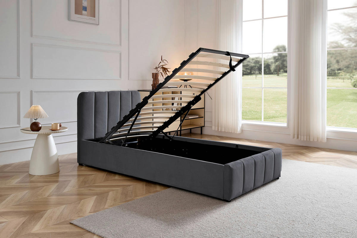 POLSTERBETT 90/200 cm, inkl. gepolstertes Kopfteil, Lattenrost, Bettkasten,  in Grau  - Schwarz/Naturfarben, Design, Holz/Kunststoff (90/200cm) - Boxxx