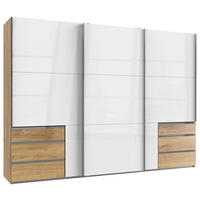 SCHWEBETÜRENSCHRANK  in Eichefarben, Weiß Hochglanz  - Chromfarben/Eichefarben, MODERN, Holzwerkstoff/Metall (300/216/65cm) - MID.YOU
