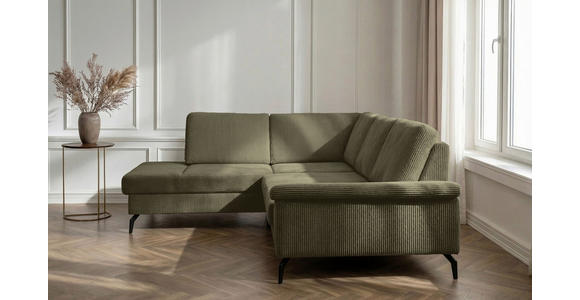 ECKSOFA Olivgrün Velours Bettkasten, Sitzvorzug  - Schwarz/Olivgrün, KONVENTIONELL, Textil/Metall (206/253cm) - Venda