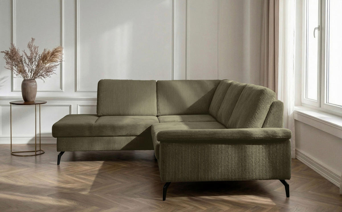 ECKSOFA Olivgrün Velours Bettkasten, Sitzvorzug  - Schwarz/Olivgrün, KONVENTIONELL, Textil/Metall (206/253cm) - Venda