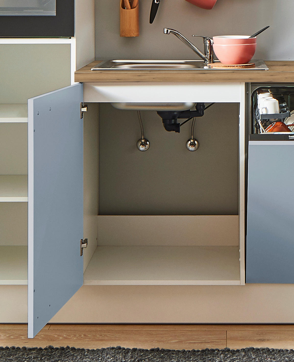 KÜCHENBLOCK PN 105 360 cm  in Eichefarben, Kaschmir, Pastellblau  - Kaschmir/Edelstahlfarben, Design, Holzwerkstoff/Metall (360cm) - Pino