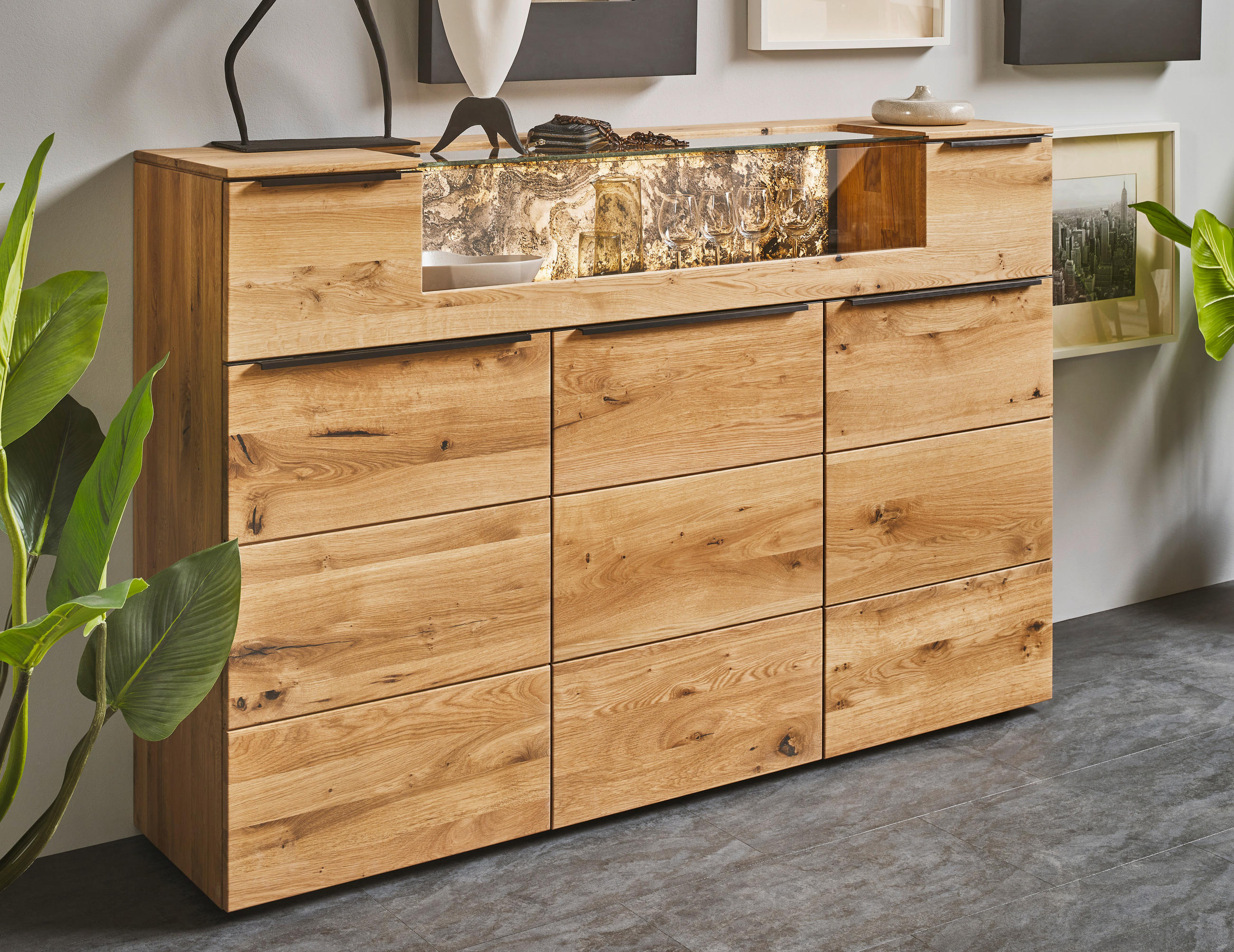 HIGHBOARD Eichefarben  180/119,3/39,5 cm  - Eichefarben/Schwarz, Natur, Glas/Holz (180/119,3/39,5cm) - Valnatura