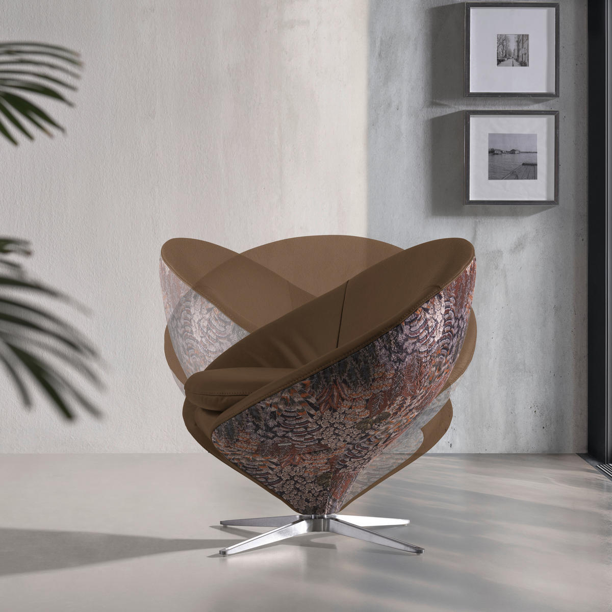 SESSEL in Jacquard Kombination Echtleder/Stoff Khaki  - Khaki/Nickelfarben, Design, Leder/Textil (84/81/79cm) - Koinor