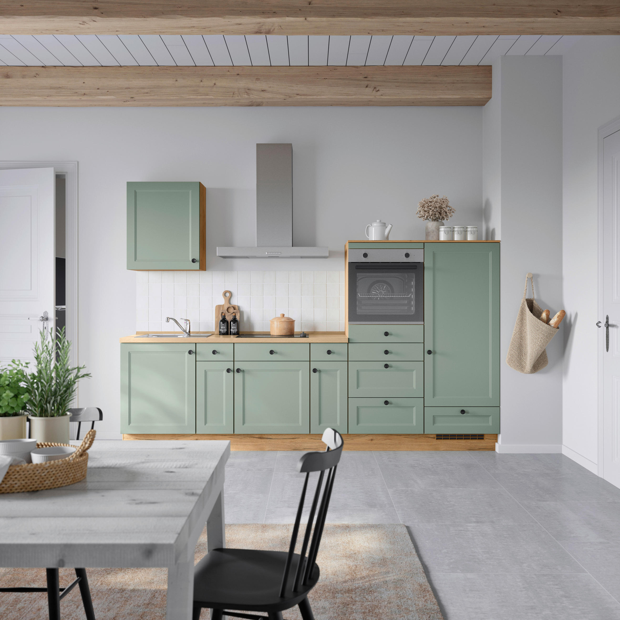 KÜCHENBLOCK 300 cm   in Eichefarben, Schilfgrün  - Schilfgrün/Eichefarben, MODERN, Holzwerkstoff/Metall (300cm) - Nobilia