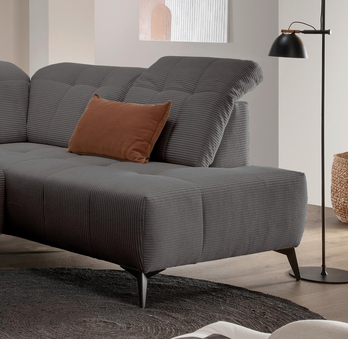 WOHNLANDSCHAFT SANO Grau Cord  - Schwarz/Grau, MODERN, Textil/Metall (180/337/200cm) - Livetastic