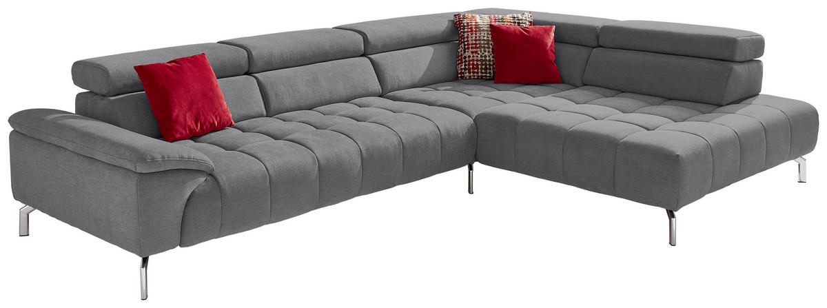 ECKSOFA Grau Chenille  - Chromfarben/Grau, Design, Textil/Metall (323/222cm) - Beldomo Style