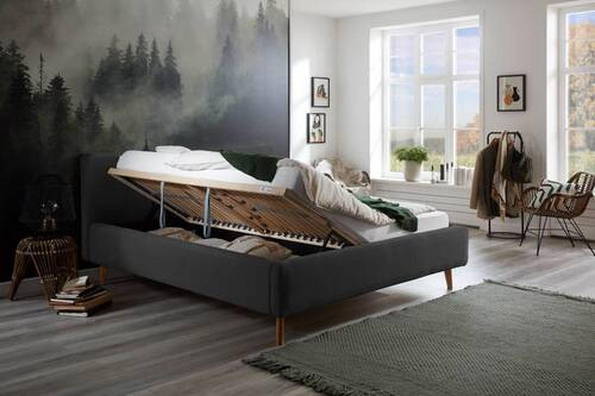 POLSTERBETT gepolstertes Kopfteil, Lattenrost, Bettkasten 140/200 cm  in Anthrazit  - Anthrazit/Naturfarben, Design, Holz/Textil (140/200cm) - Xora