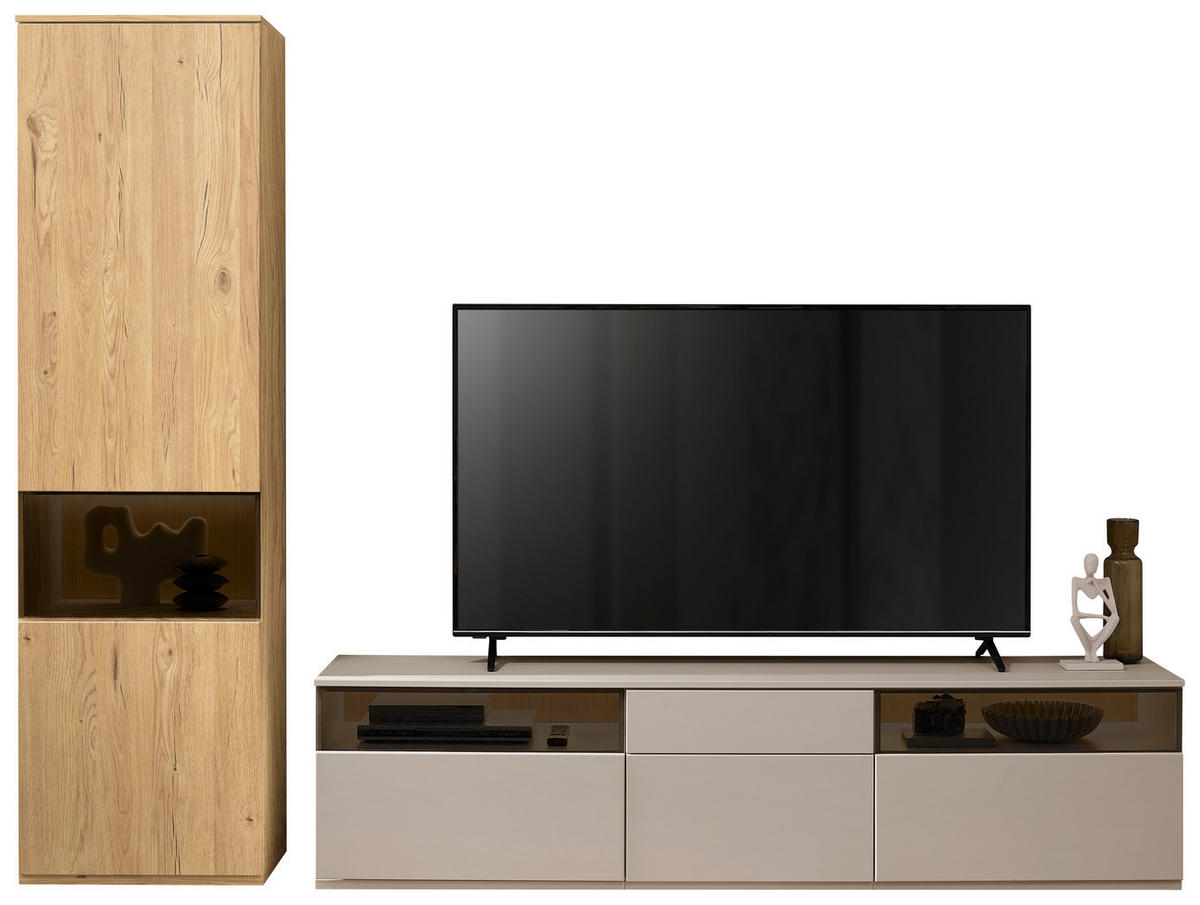 WOHNWAND  in Grau, Eichefarben  285/215/45 cm  - Eichefarben/Schwarz, KONVENTIONELL, Glas/Holzwerkstoff (285/215/45cm) - Venda