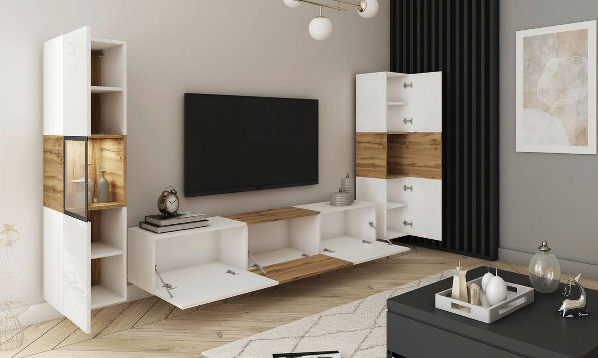 DNEVNI REGAL,  bela, hrast wotan  - hrast wotan/siva, Design, steklo/leseni material (240/130/31cm) - MID.YOU
