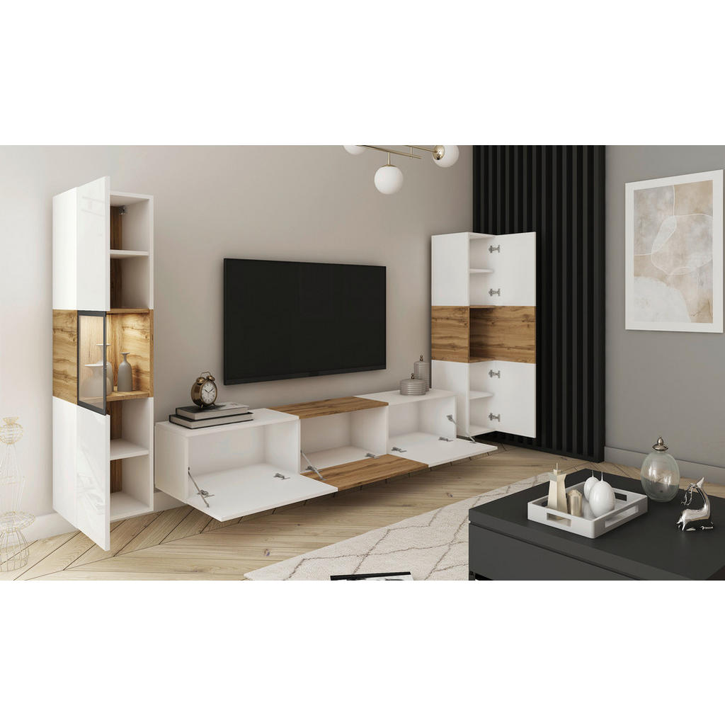 Thumbnail - Mid.you Wohnwand Berlin, Weiß, Eiche Wotan, Glas, Holzwerkstoff, 3-teilig, 8 Fächer, 240x130x31 cm, Fsc, stehend, hängen...