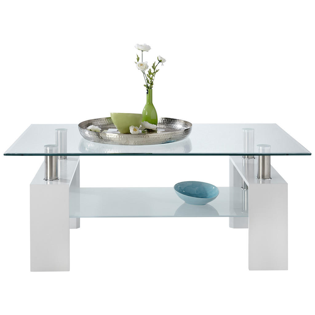 Thumbnail - Carryhome Couchtisch, Weiß Hochglanz, Metall, Glas, Holzwerkstoff, rechteckig, eckig, 60x45x100 cm, Wohnzimmer, Wohnzimm...