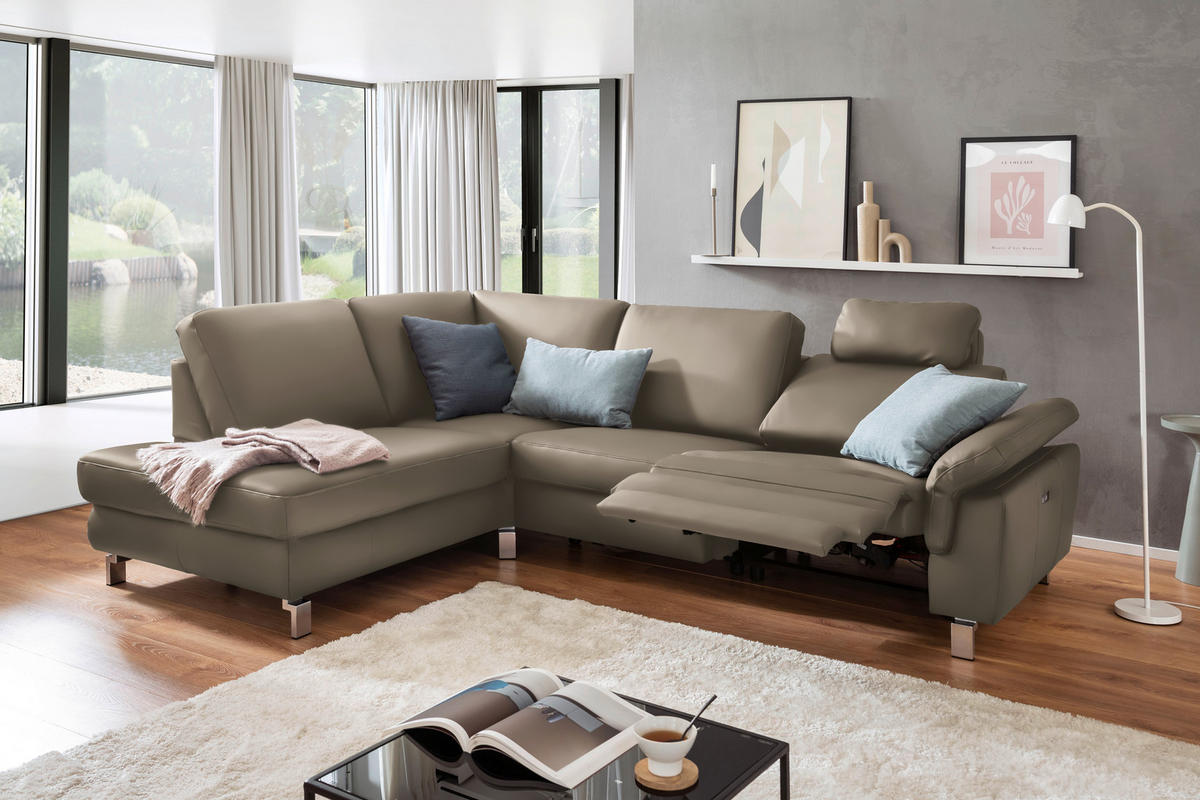 ECKSOFA in Echtleder Taupe  - Taupe/Chromfarben, Design, Leder/Metall (200/271cm) - Pure Home Lifestyle