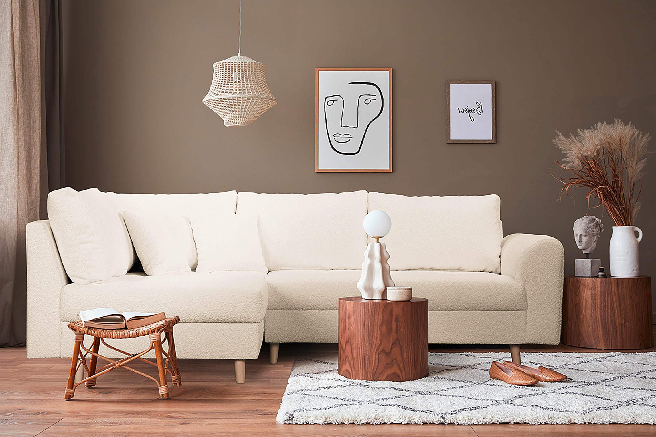 ECKSOFA Bouclé Weiss  - Weiss/Naturfarben, Design, Holz/Textil (161/231cm) - Livetastic