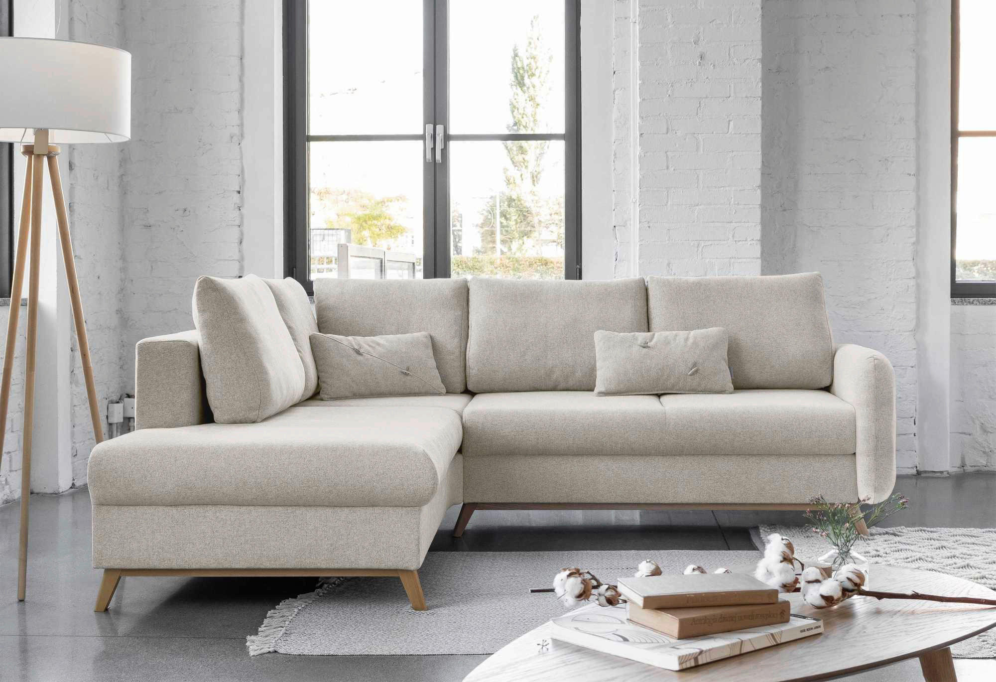 Thumbnail - Mid.you Ecksofa, Beige, Textil, Eiche, Uni, 6-Sitzer, Füllung: Schaumstoffflocken,Schaumstoffflocken, Ottomane links, L-...