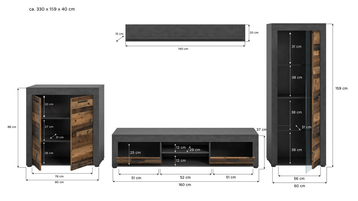 OBÝVACÍ STĚNA přírodní barvy - černá/přírodní barvy, Design, kompozitní dřevo/plast (330/159/35cm) - MID.YOU