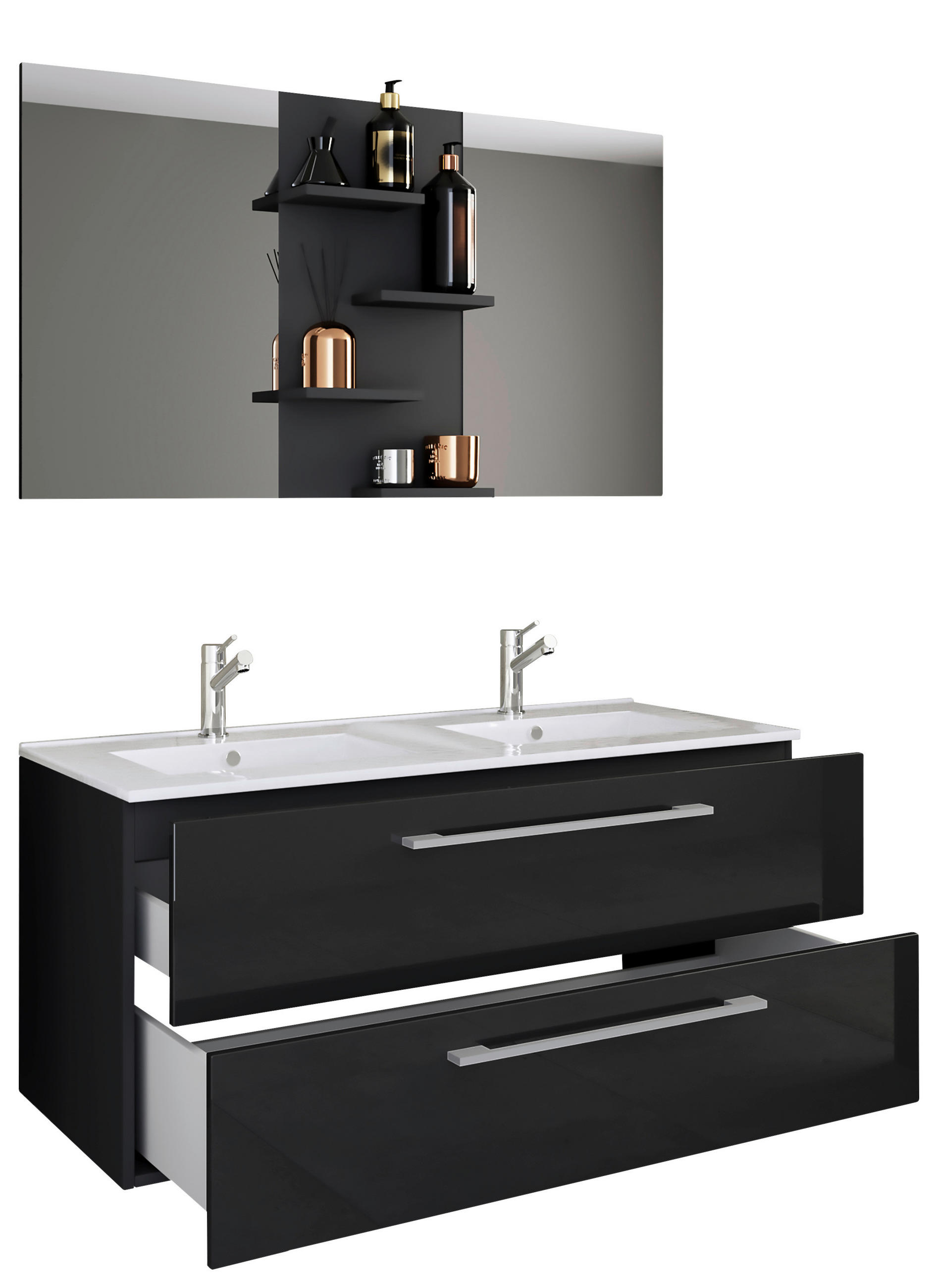 Thumbnail - Mid.you Badezimmer VCM Budasi, Schwarz, Holzwerkstoff, 2 Schublade(n) Schubladen, 112 cm, hängend, Badezimmer, Badmöbels...