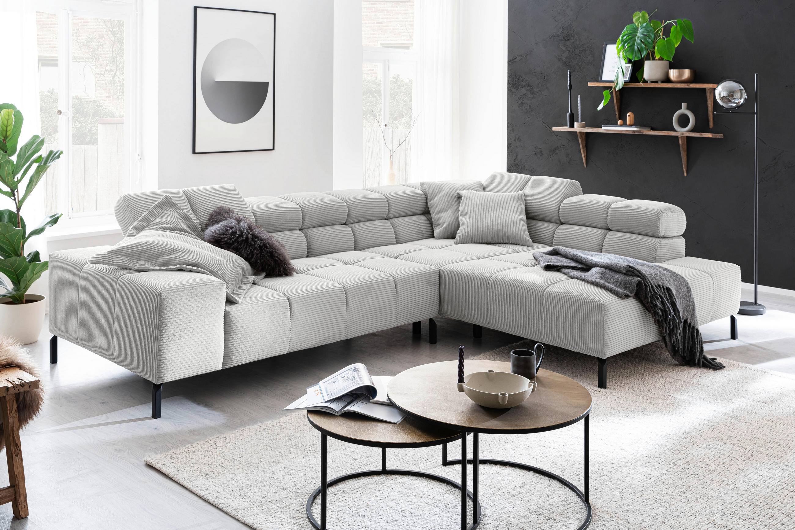 ECKSOFA in Cord Grau - Schwarz/Grau, Design, Textil/Metall (321/216cm) - Hom`in