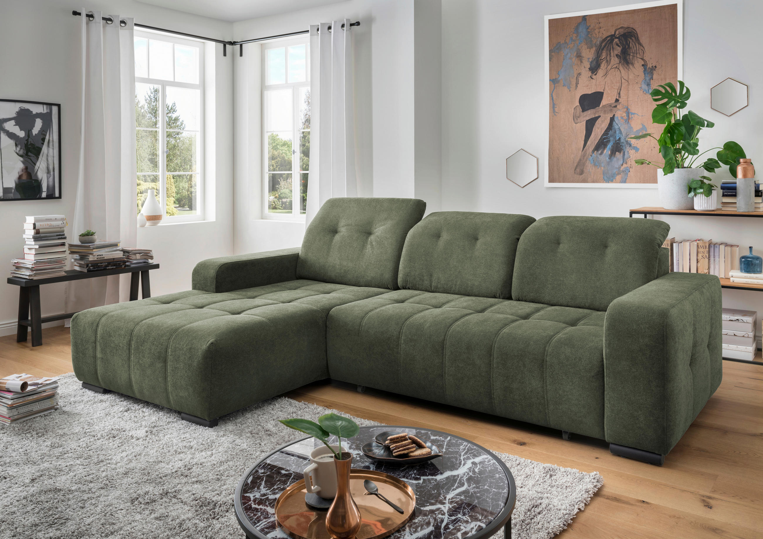 ECKSOFA in Chenille Dunkelgrün  292/185 cm  - Dunkelgrün/Schwarz, MODERN, Textil/Metall (292/185cm) - Livetastic
