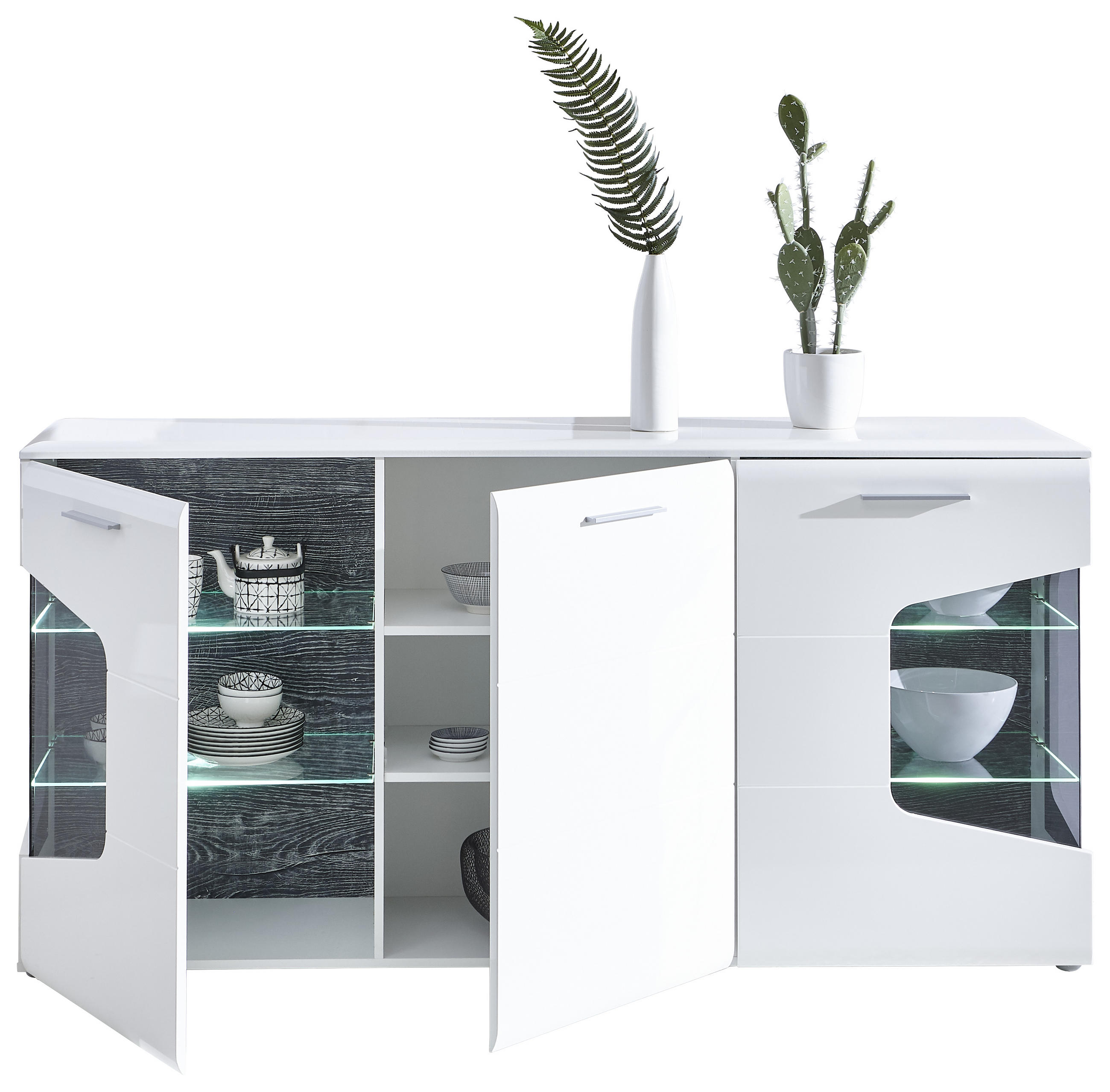 KOMODA, biela, farby duba, biela s vysokým leskom, 180/89/41 cm - sivá/farby duba, Design, kov/kompozitné drevo (180/89/41cm) - Hom`in