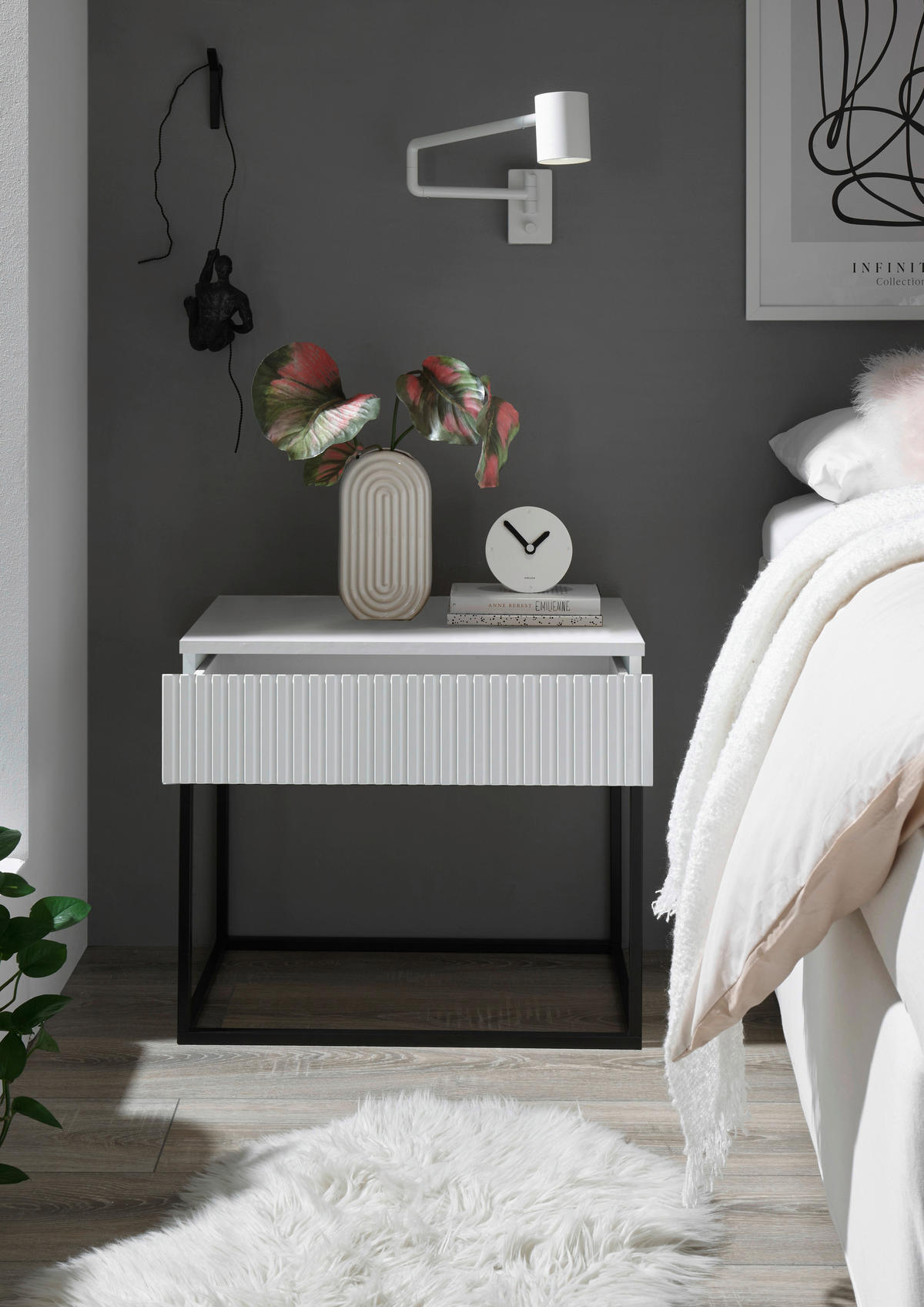 NOĆNI ORMARIĆ bijela, crna   - bijela/crna, Moderno, drvni materijal/metal (60/52/38,5cm) - Livetastic