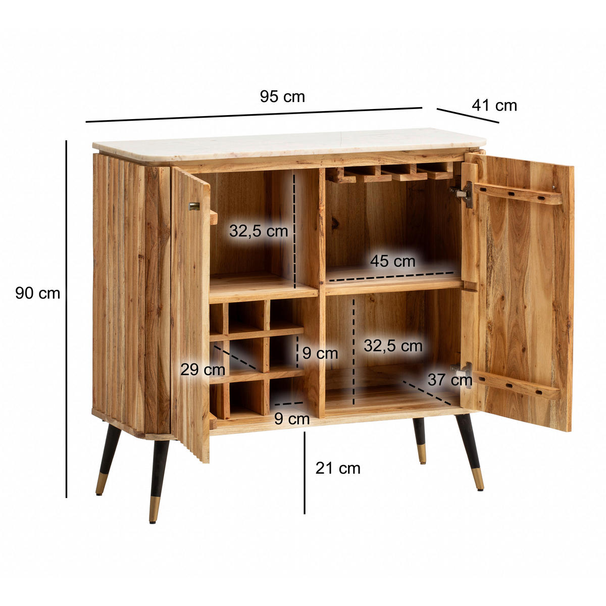 BARSCHRANK Akazie massiv Akaziefarben  - Goldfarben/Schwarz, Design, Holz/Stein (95/90/41cm) - MID.YOU