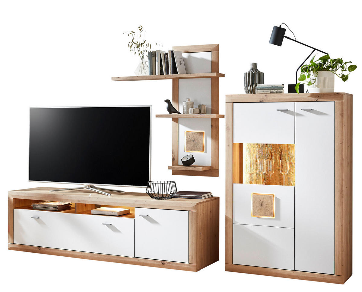WOHNWAND  in Weiss, Eiche Artisan 295,4/190,9/50,1 cm  - Weiss/Anthrazit, Konventionell, Glas/Holzwerkstoff (295,4/190,9/50,1cm) - Stylife