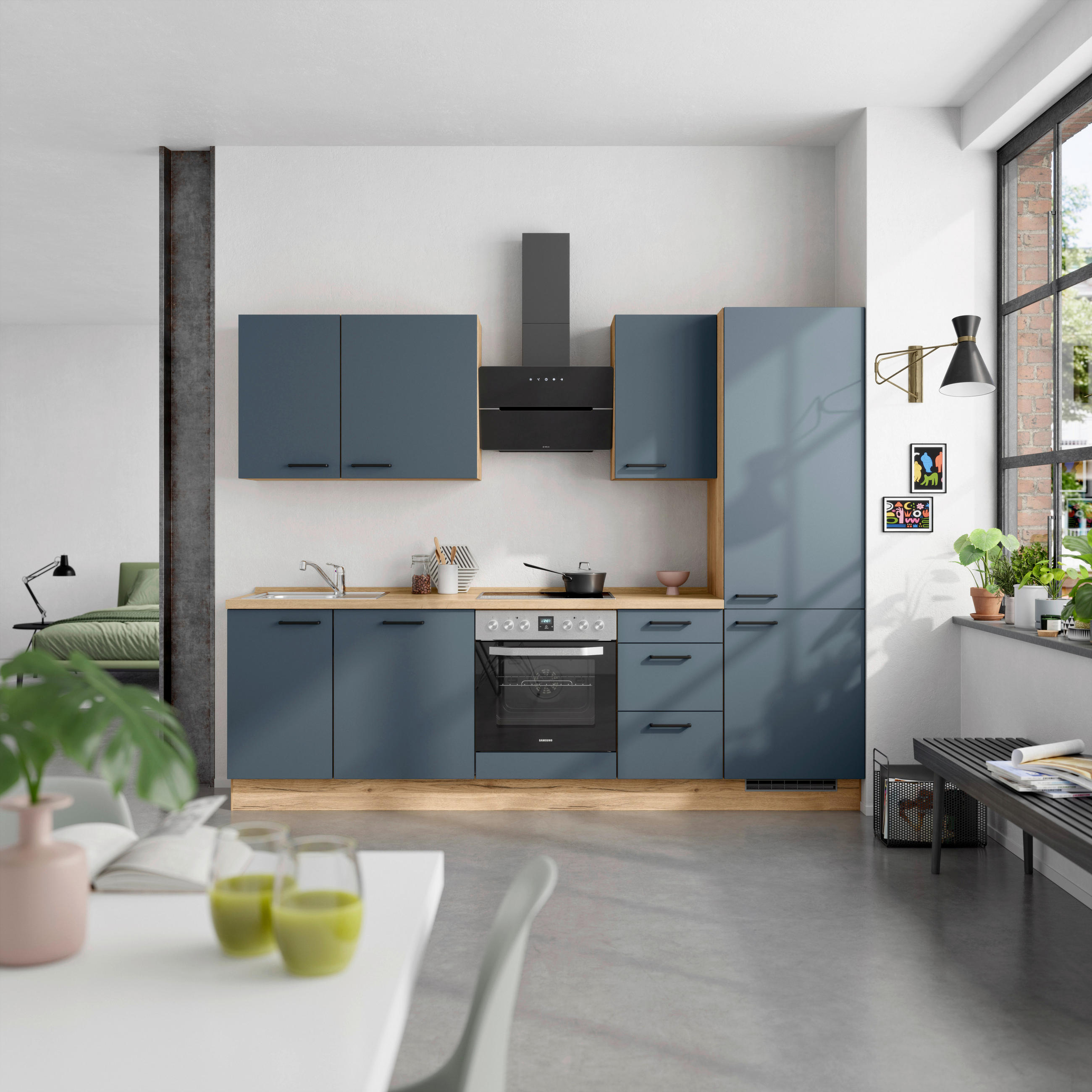 KÜCHENBLOCK 270 cm   in Eichefarben, Dunkelblau  - Eichefarben/Schwarz, MODERN, Holzwerkstoff/Metall (270cm) - Nobilia