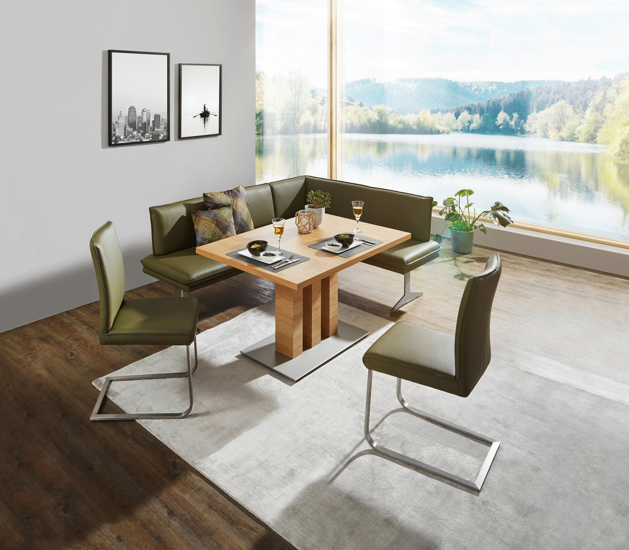 ECKBANK 158/205 cm Echtleder Grün, Edelstahlfarben Metall   - Edelstahlfarben/Grün, Design, Leder/Textil (158/205cm) - Moderano