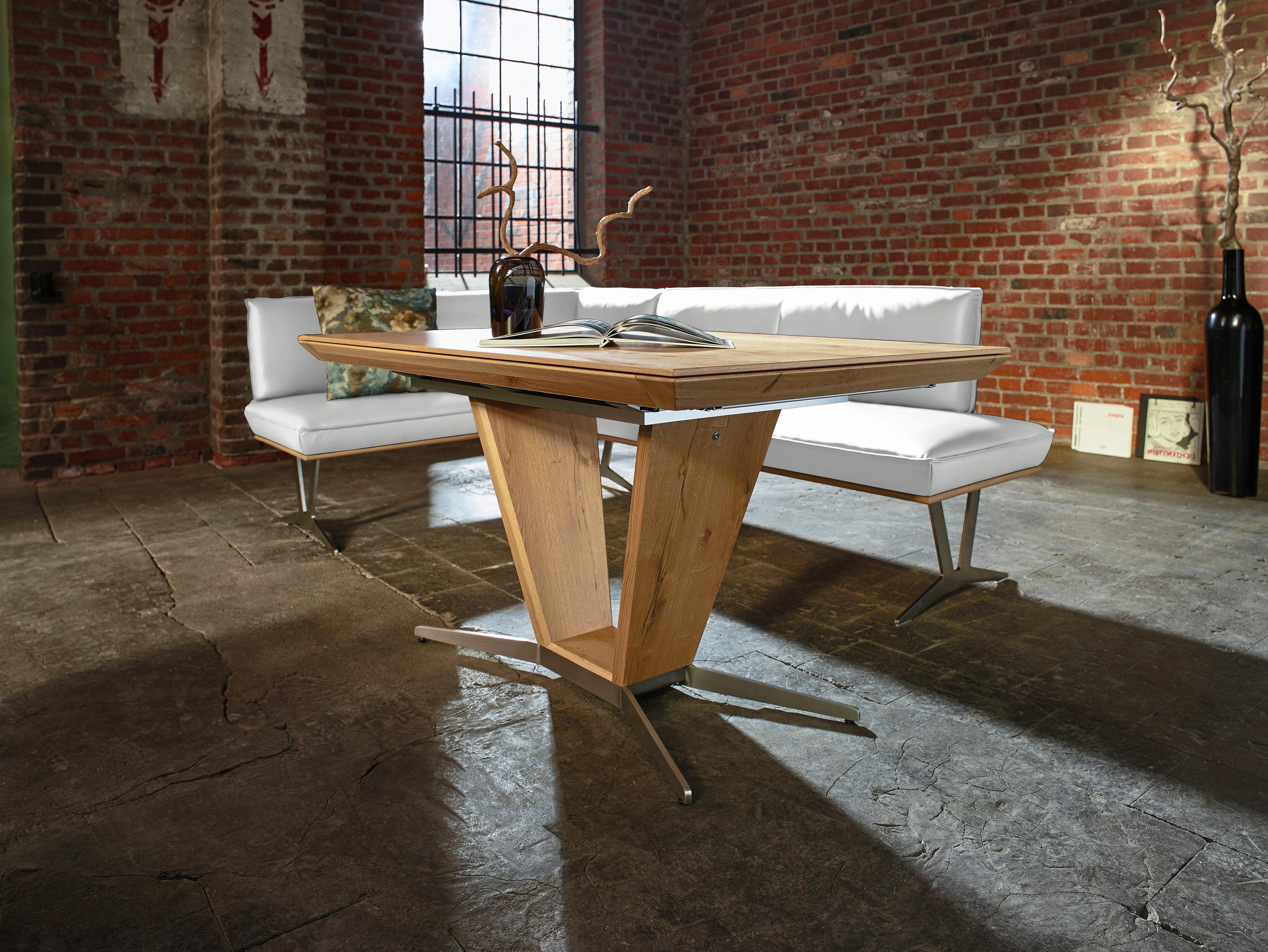 ECKBANK in Holz, Metall, Leder Weiss - Weiss/Edelstahlfarben, Design, Leder/Holz (152/197cm) - Ambiente
