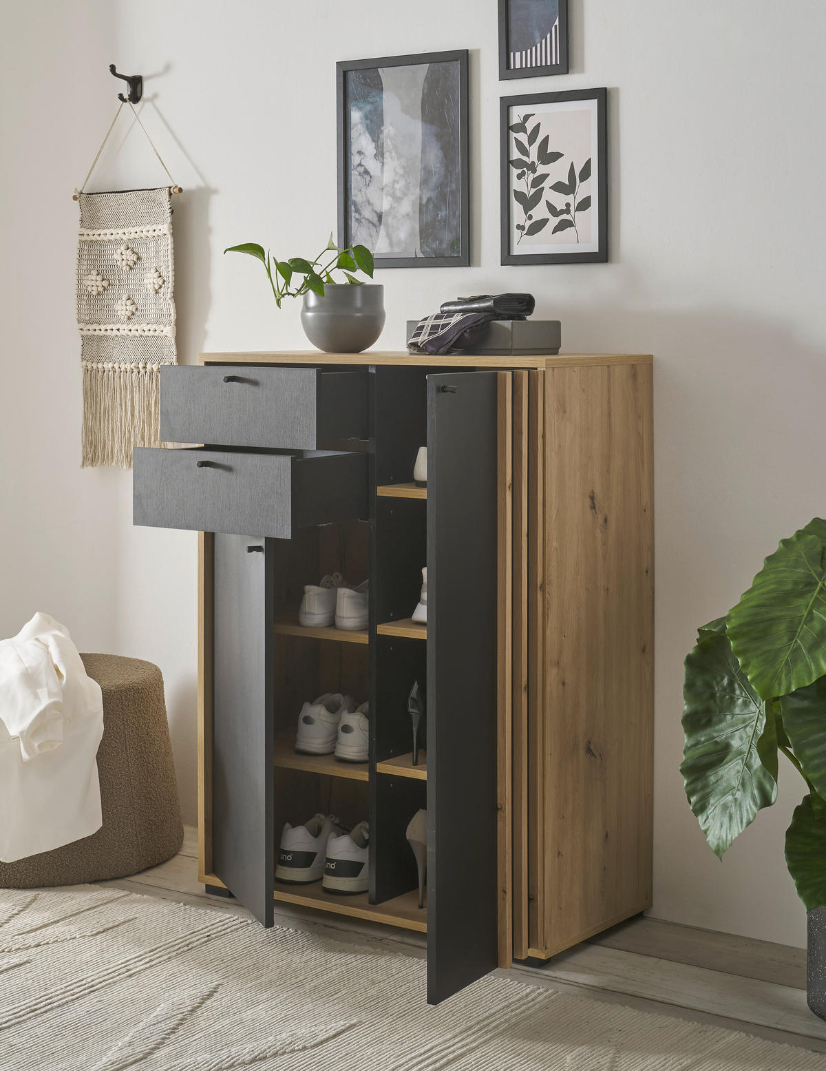 SCHUHSCHRANK 80/105/38 cm  - Schwarz/Eiche Artisan, Design, Holzwerkstoff/Kunststoff (80/105/38cm) - Carryhome