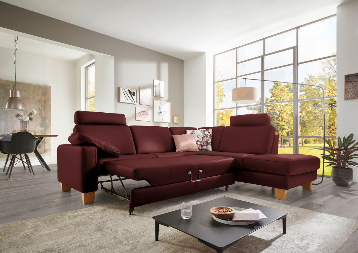 ECKSOFA in Echtleder Brombeere  - Eiche Bianco/Brombeere, Konventionell, Leder/Holz (257/235cm) - Valdera