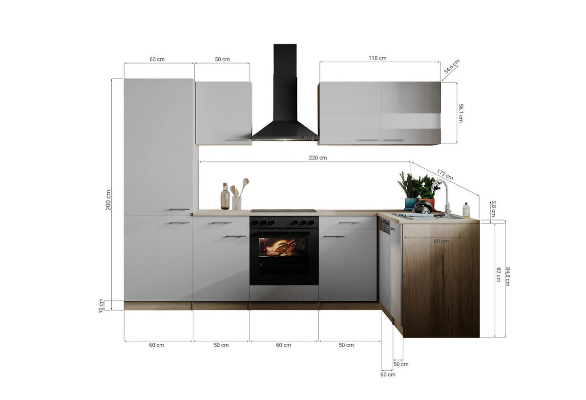 HÖRNKÖK 280/172 cm  i grå  - stålfärgad/grå, Basics, metall/trämaterial (280/172cm) - Respekta