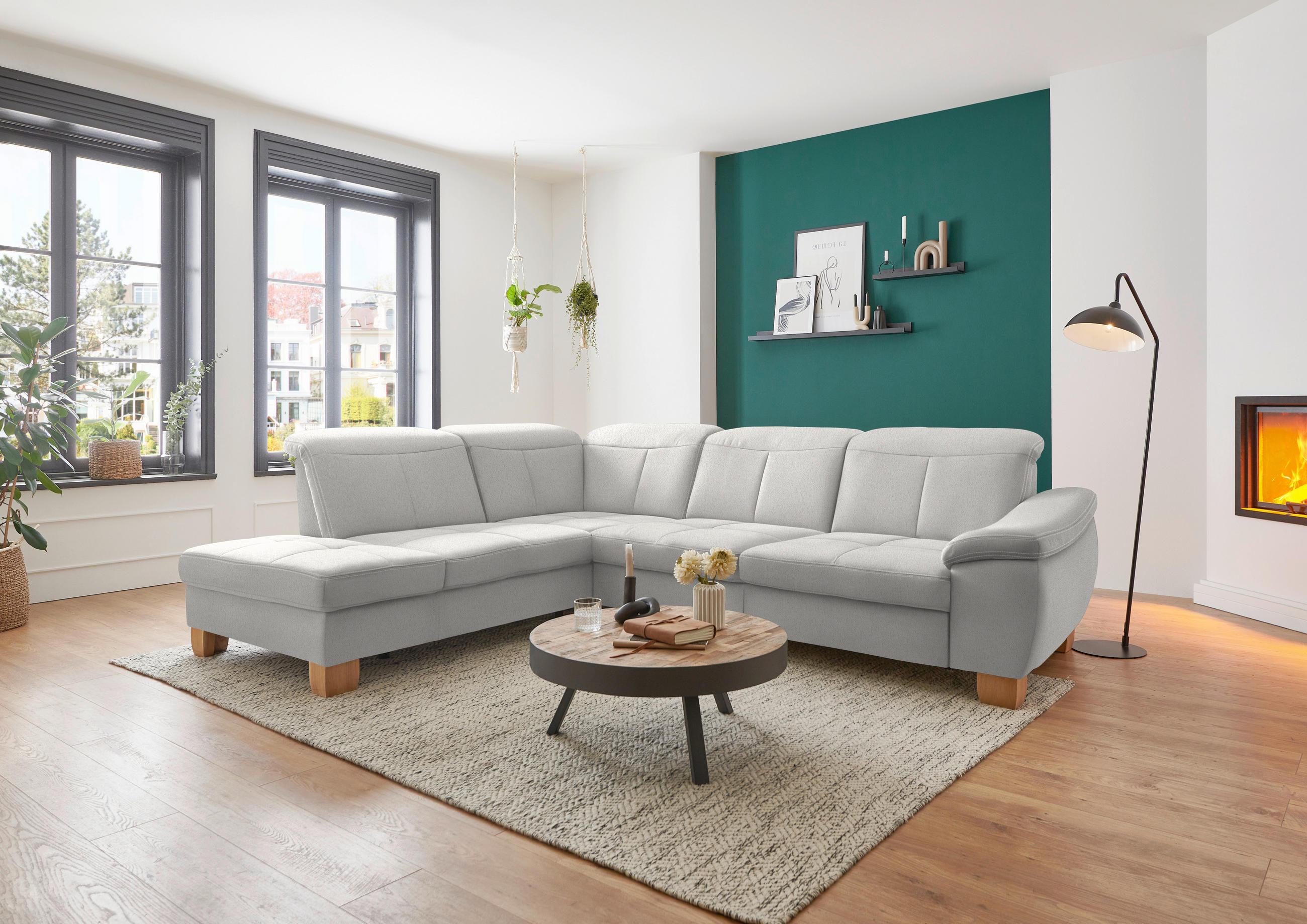 ECKSOFA in Flachgewebe Weiss  - Wildeiche/Weiss, Natur, Holz/Textil (243/301cm) - Voleo