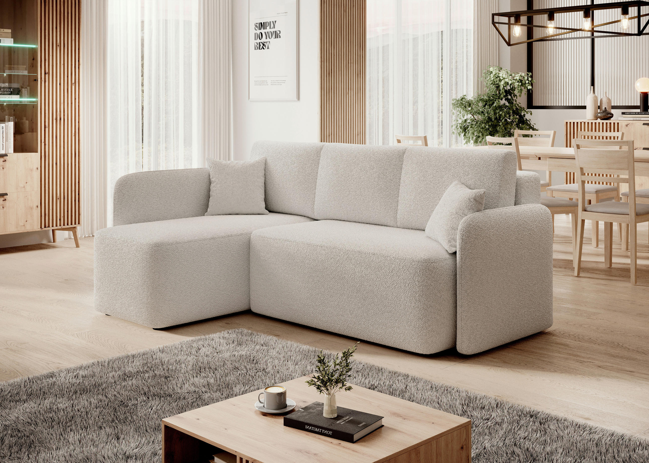 ECKSOFA HADSON Weiß Teddystoff Zierkissen, Rückenkissen, Bettkasten  - Schwarz/Weiß, Design, Kunststoff/Textil (150/206cm) - MID.YOU