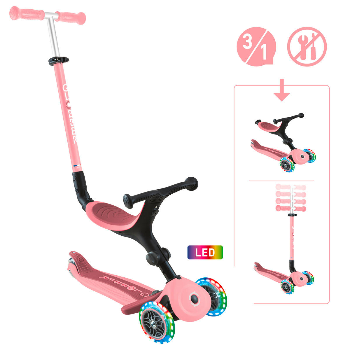 LAUFRAD GO-UP ACTIVE LIGHTS 3IN1  - Pink/Hellrosa, LIFESTYLE, Kunststoff/Metall (67/28/95,5cm) - GLOBBER