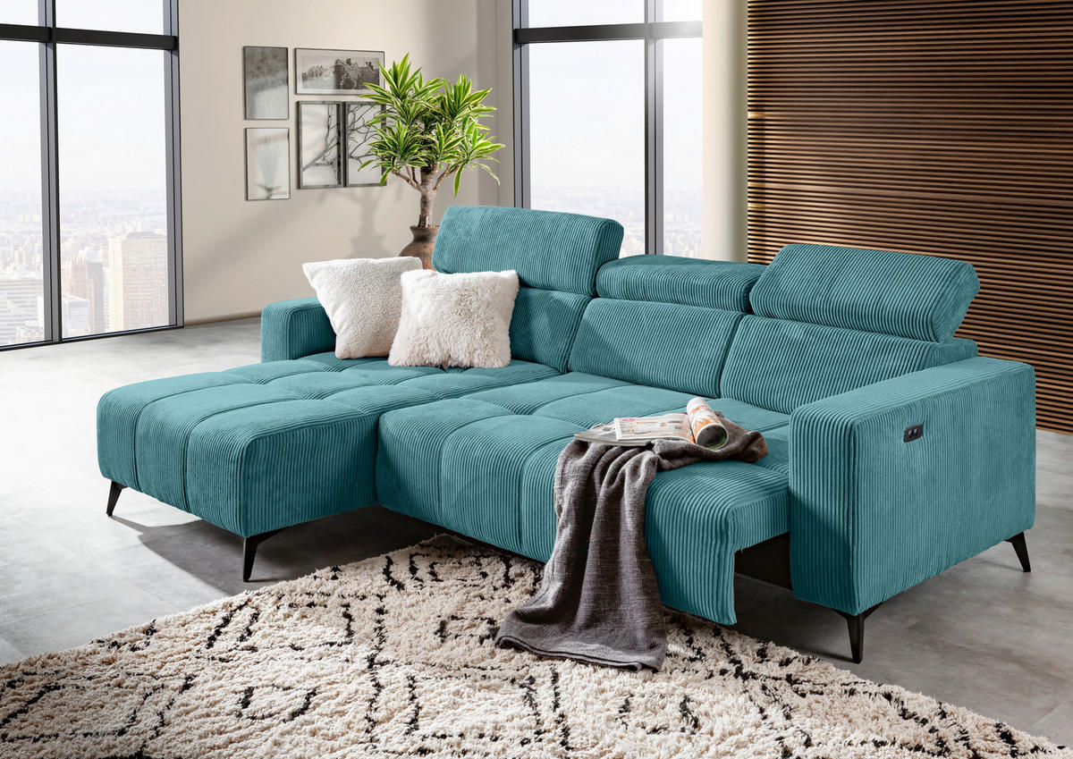 ECKSOFA Petrol Cord Rücken echt, Kopfteilverstellung, Sitzvorzug  - Petrol/Schwarz, KONVENTIONELL, Textil/Metall (170/257cm) - Carryhome