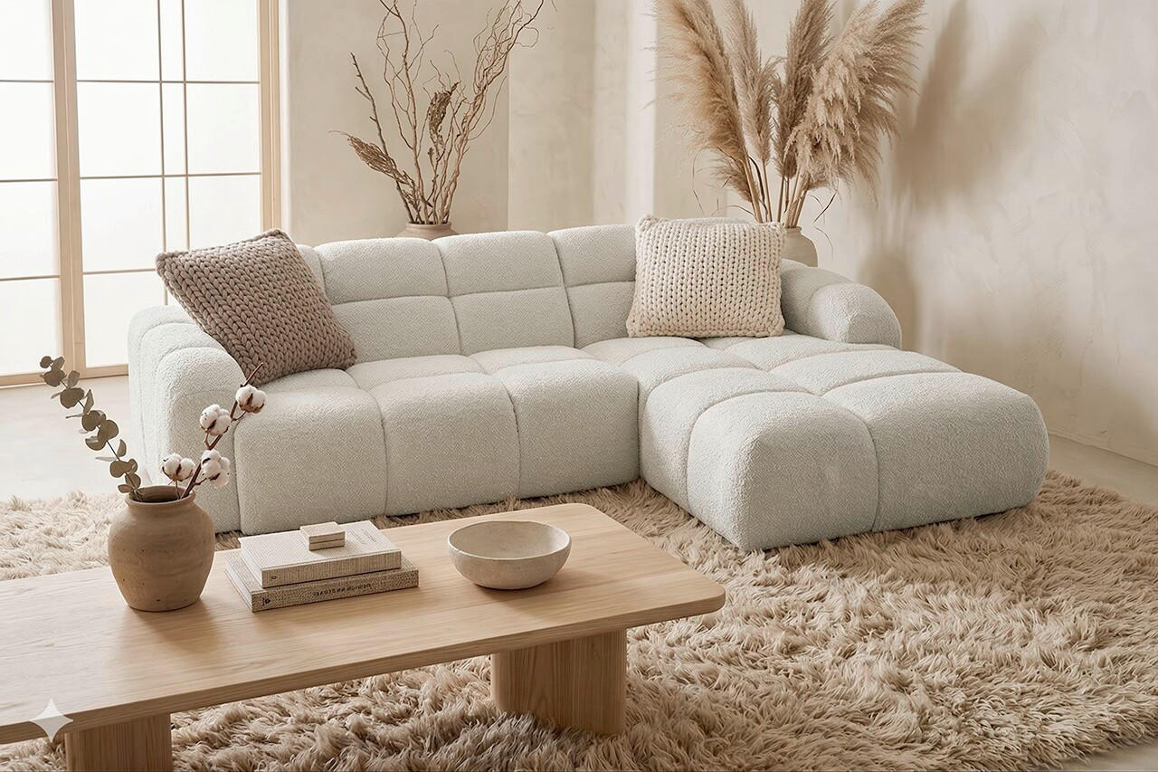 ECKSOFA VENTO in Bouclé Creme  255/175 cm  - Creme/Schwarz, Design, Kunststoff/Textil (255/175cm) - MID.YOU