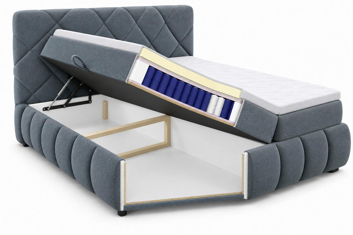 BOXBETT 140/200 cm,  in Grau, gepolstertes Kopfteil, Bettkasten, Topper, Matratzen, H3 + H3 = fest  - Schwarz/Grau, Design, Kunststoff/Textil (140/200cm) - Chameo
