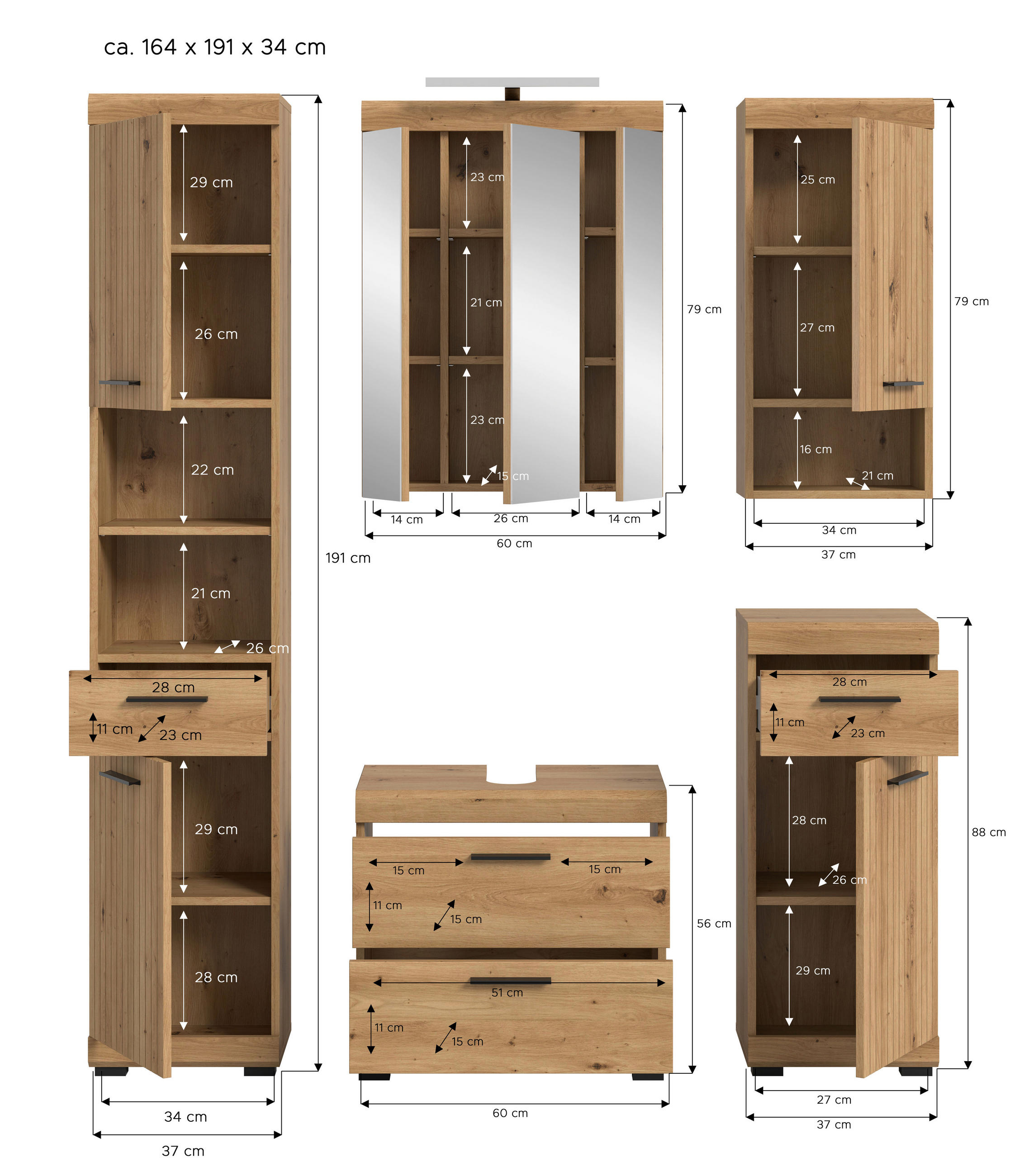 Baie 5 piese, 134 cm - stejar Artisan/negru, Trend, plastic/sticlă (134cm) - MID.YOU