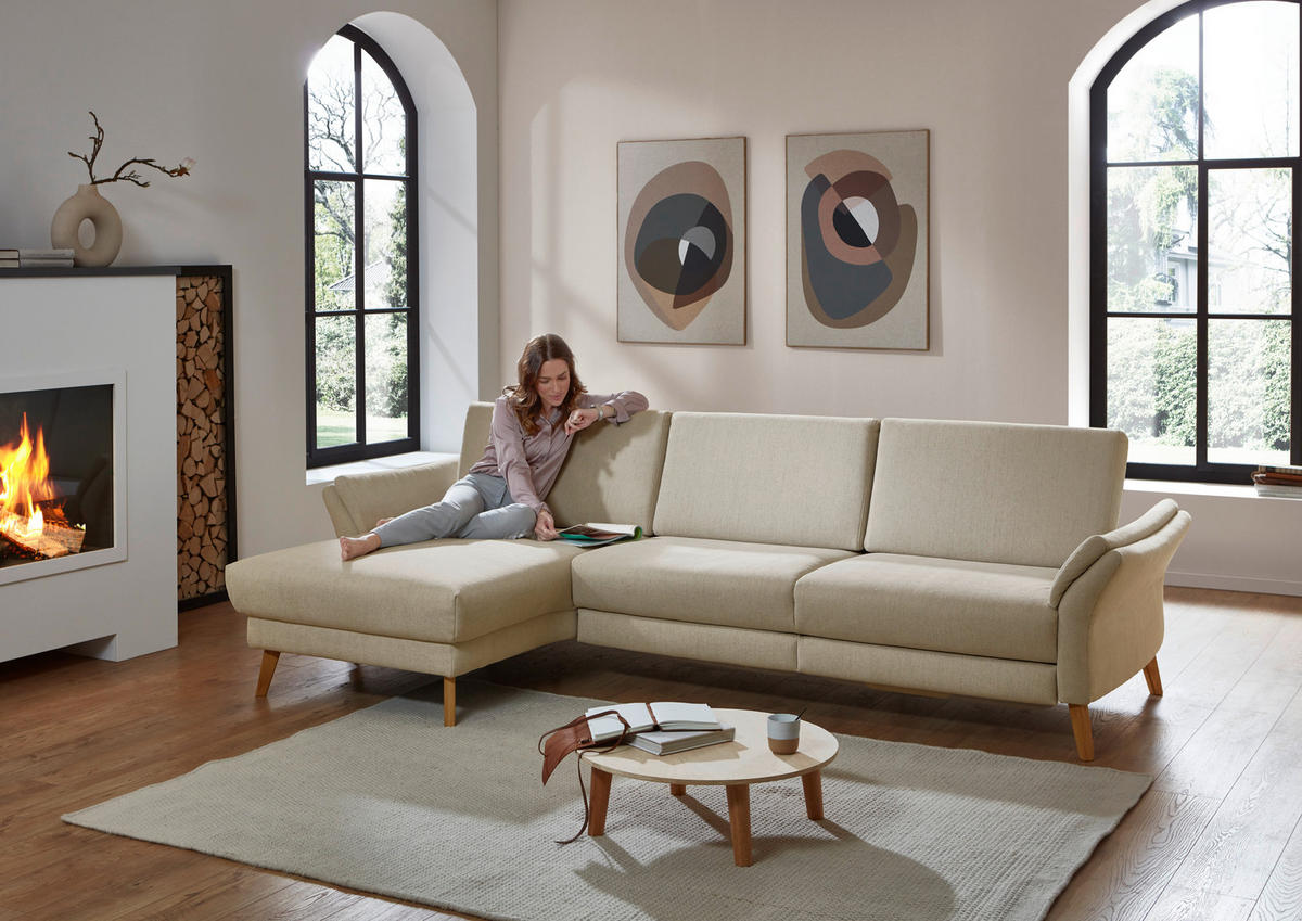 ECKSOFA Beige Chenille, Flachgewebe  - Beige/Naturfarben, Design, Holz/Textil (281/157cm) - Valnatura