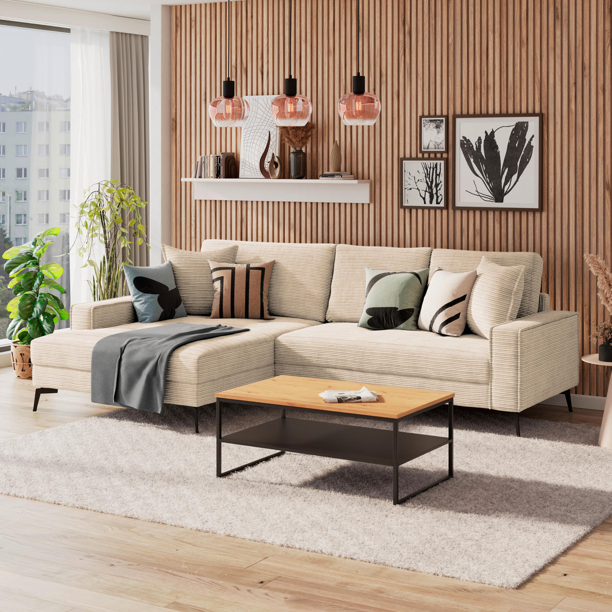 ECKSOFA ZERO Creme Cord Zierkissen, Rückenkissen  - Creme/Schwarz, Trend, Textil/Metall (173/286cm) - Livetastic