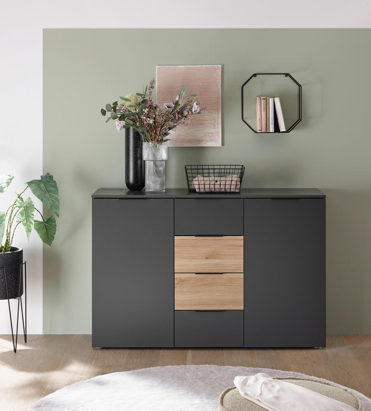 SIDEBOARD  in 135/89/40 cm  - Eichefarben/Schwarz, KONVENTIONELL, Holzwerkstoff/Kunststoff (135/89/40cm) - Carryhome