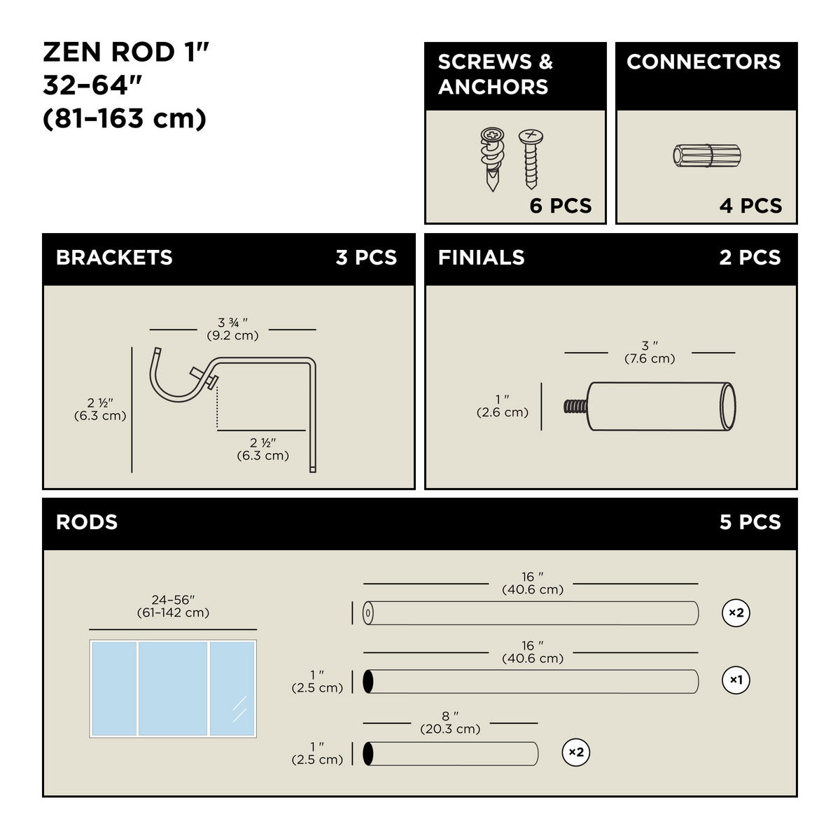 VORHANGSTANGENSET  81-163 cm  - Schwarz, KONVENTIONELL, Kunststoff/Metall (81-163cm) - Umbra