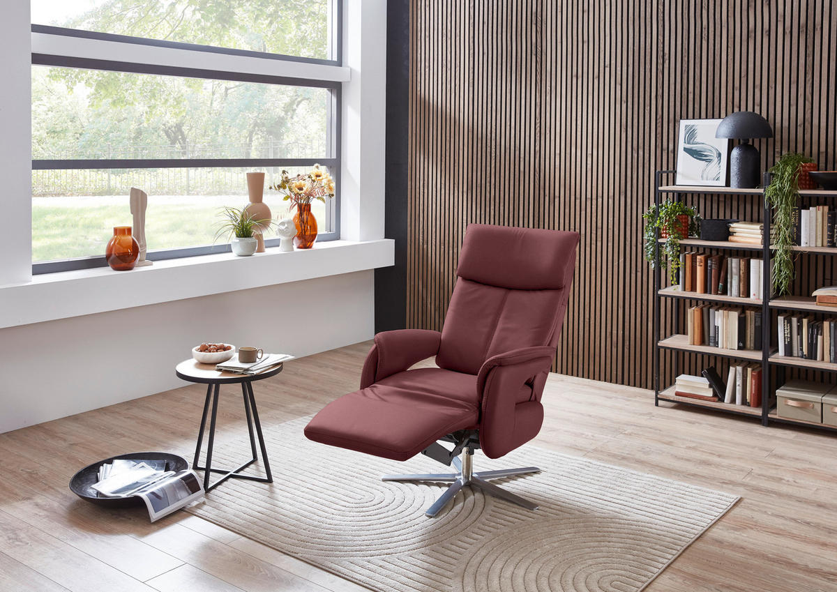 RELAXSESSEL in Leder Bordeaux  - Edelstahlfarben/Bordeaux, Design, Leder/Metall (70/124/85cm) - Cantus