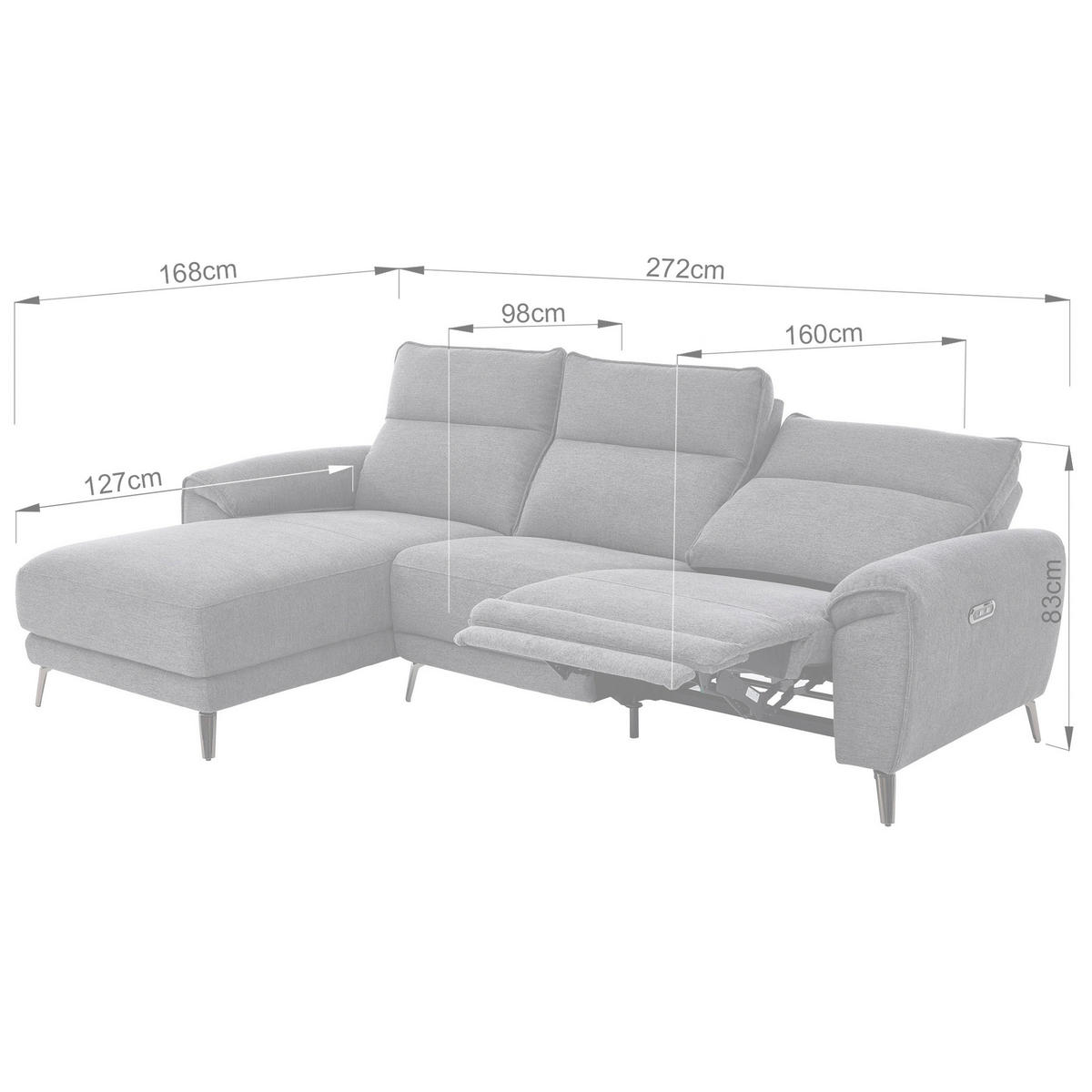 ECKSOFA Dunkelgrau Webstoff Rücken echt, Relaxfunktion  - Chromfarben/Dunkelgrau, Design, Textil/Metall (272/168cm) - Carryhome