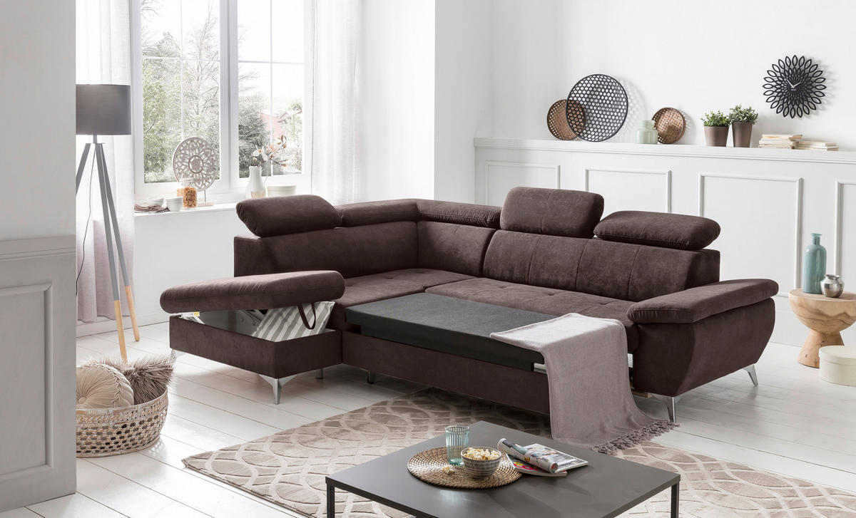 ECKSOFA Dunkelbraun Mikrofaser  - Chromfarben/Dunkelbraun, KONVENTIONELL, Textil/Metall (209/256cm) - Livetastic