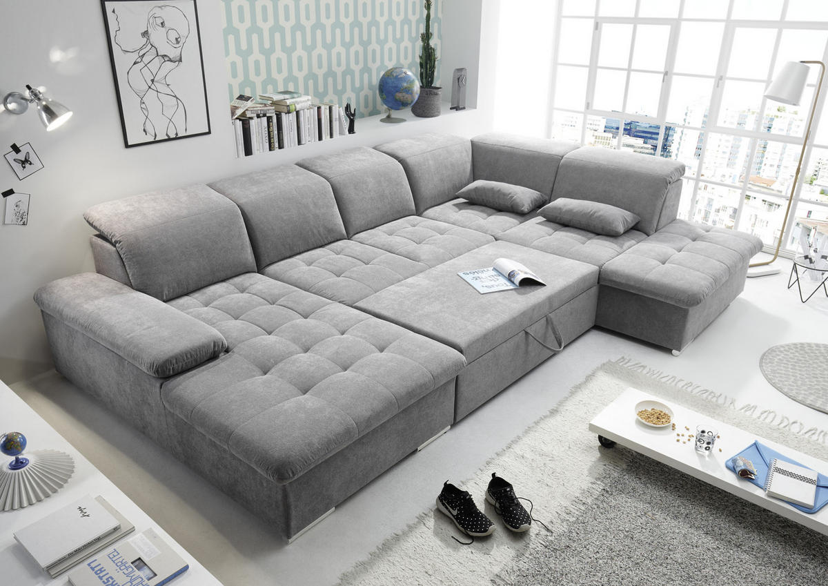 WOHNLANDSCHAFT Grau Mikrovelours  - Dunkelgrau/Silberfarben, KONVENTIONELL, Kunststoff/Textil (188/340/240cm) - MID.YOU