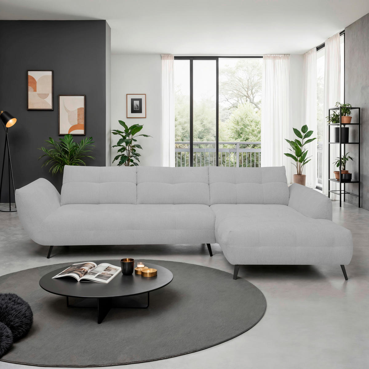 ECKSOFA Silberfarben Chenille Armlehnenkissen, Rücken echt, Sitztiefenverstellung  - Silberfarben/Schwarz, KONVENTIONELL, Textil/Metall (313/215cm) - Hom`in